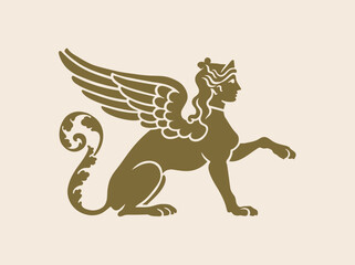 Winged sphinx profile vintage emblem vector illustration