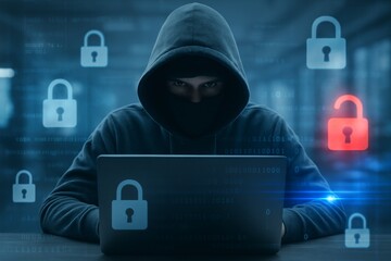 Hacker in hoodie using laptop with digital lock icons symbolizing cybersecurity threat and data breach concept on dark blue technology background. Ai generative