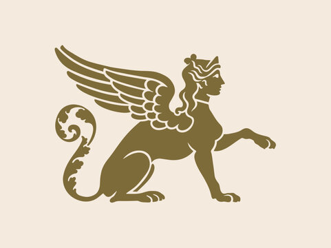 Winged sphinx profile vintage emblem vector illustration
