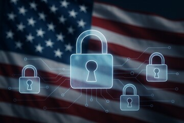 Cybersecurity padlock icons with digital circuit lines over American flag background symbolizing national data protection and encryption concept. Ai generative