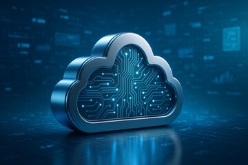 Futuristic cloud computing technology concept showing digital circuit cloud shape on abstract background with glowing blue data interface elements. Ai generative