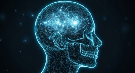 Abstract digital rendering of a human head, showcasing intricate glowing neural networks and brain activity, symbolizing advanced thinking, artificial intelligence, and cognitive processes