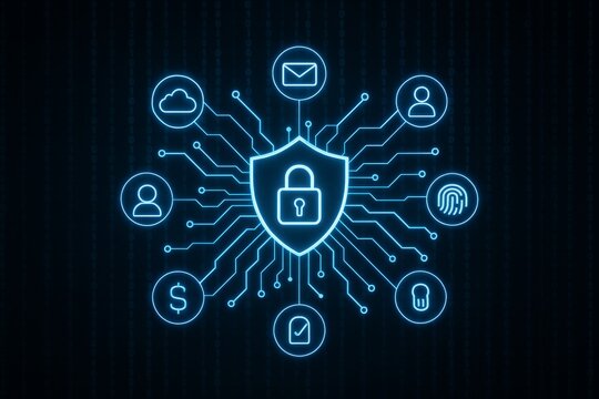 Digital cybersecurity shield with glowing blue icons representing data protection and secure access on dark binary background concept illustration. Ai generative