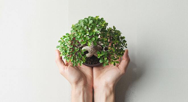 Hands holding bonsai tree with lush green leaves indoors - Concept of New Year and Christmas business slogans - Powered by Adobe