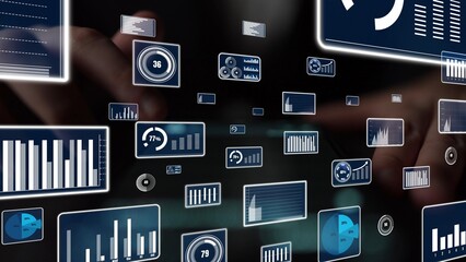 This image showcases futuristic data visualization elements, featuring interactive charts and graphs that represent analytics and business intelligence. Xenic