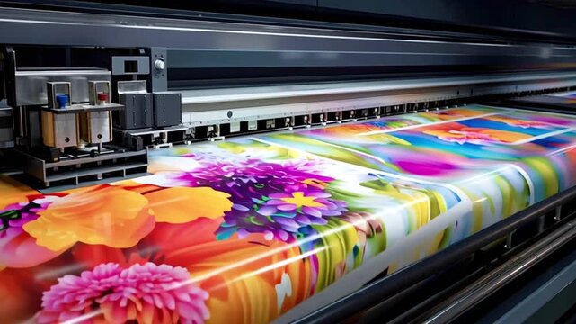 Closeup of a large format inkjet printer working on a roll of vinyl, printing a colorful floral pattern in a typography. Industrial production of fabrics and advertising banners in a factory