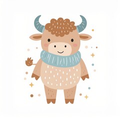 cartoon buffalo, minimalist flat hand-drawn lines, muted pastel colors, kids illustration style, white background