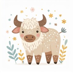 cartoon buffalo, minimalist flat hand-drawn lines, muted pastel colors, kids illustration style, white background