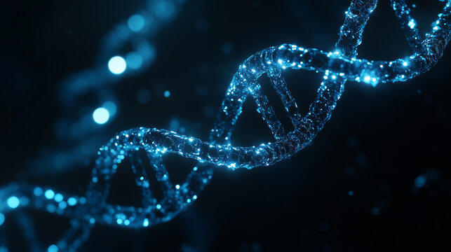 Blue glowing double helix DNA strand structure medical science concept - Powered by Adobe