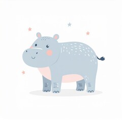 cartoon hippo, minimalist flat hand-drawn lines, muted pastel colors, kids illustration style, white background