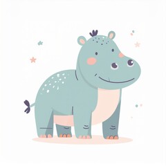 cartoon hippo, minimalist flat hand-drawn lines, muted pastel colors, kids illustration style, white background