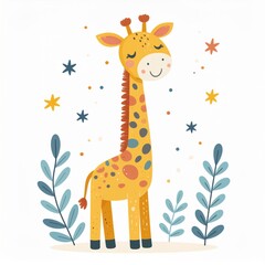cartoon giraffe, minimalist flat hand-drawn lines, muted pastel colors, kids illustration style, white background