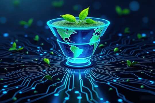 Sustainable digital earth: green plant grows on tech circuit board.