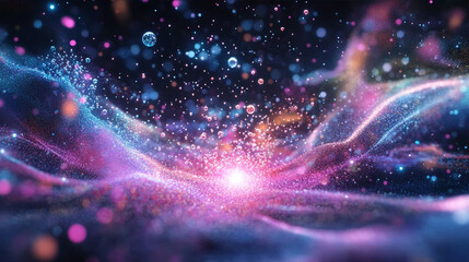 Fototapeta premium Abstract colorful particle explosion with glowing lights and cosmic dust