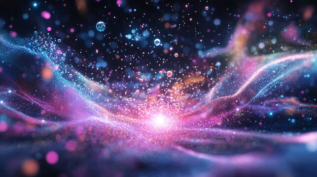 Abstract colorful particle explosion with glowing lights and cosmic dust - Powered by Adobe