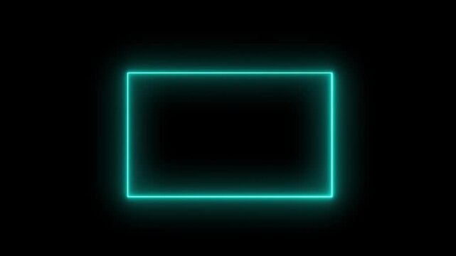 Rectangle frame icon animation glowing neon blue color bordar frame display box round shape retro screen photo frame rotation seamless footage line movement on black background. 4k