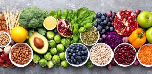 Assortment Of Fresh Vegetables And Fruits In Bowls On Gray Background For Healthy Eating And Balanced Diet Concepts