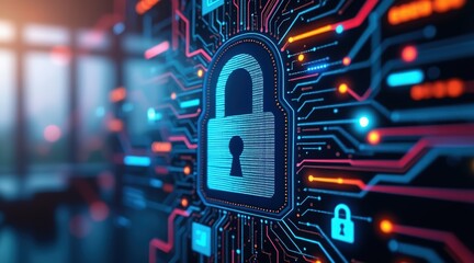 Digital padlock protecting data on circuit board with glowing lines