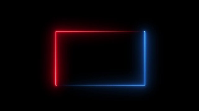 Rectangle frame icon animation glowing neon red and blue color bordar frame display box round shape retro screen photo frame rotation seamless footage line movement on black background. 4k