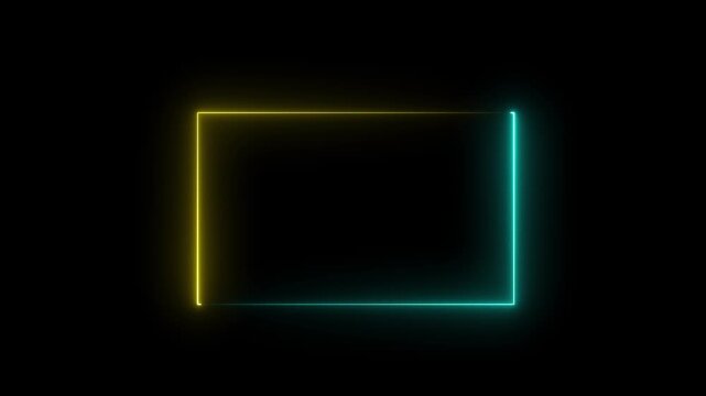 Rectangle frame icon animation glowing neon yellow and blue color bordar frame display box round shape retro screen photo frame rotation seamless footage line movement on black background. 4k