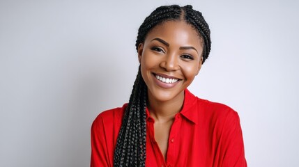 Confident Nigerian businesswoman smiling in front of a plain background