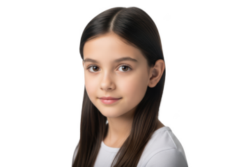A portrait of a young girl with long dark hair and brown eyes, beautiful, brunette, eye, face, girl, hair, ponytail, portrait, pose, shirt, smile, stare, white, woman