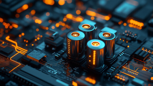 Macro shot of glowing orange capacitors on blue electronic circuit board background