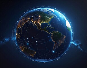 Illuminated Earth at night, surrounded by a network of interconnected nodes