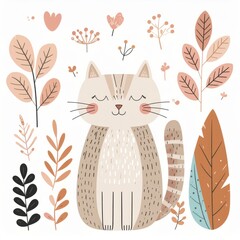 cartoon cat, minimalist flat hand-drawn lines, muted pastel colors, kids illustration style, white background