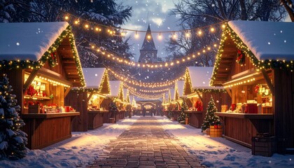 Obraz premium Thai temple architecture shines under the Christmas night sky of the city, gold accents reflecting the light near a snowy Christmas tree