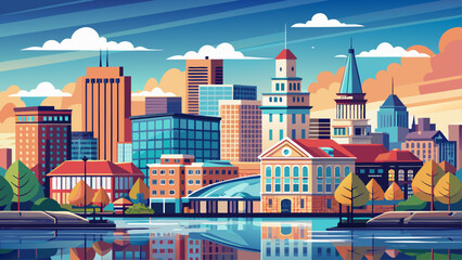 Obraz premium Very beautiful Erie, Pennsylvania downtown city skyline featuring modern and historic buildings, a calm waterfront atmosphere, and a clear, balanced composition ideal for stock-friendly artwork or vec
