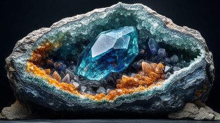 Beautiful blue crystal gemstone inside natural geode rock on black background