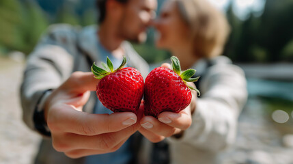 Over-the-shoulder faceless selfie style: hands holding strawberries sharply focused while figures are gently blurred, natural daylight, with copy space