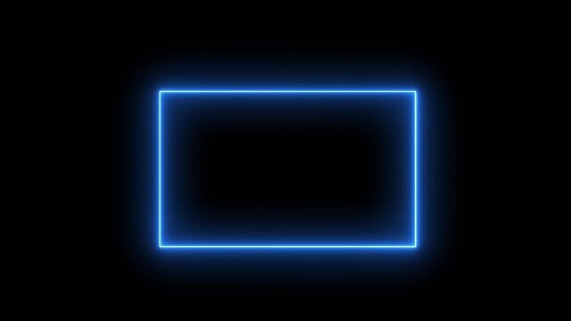 Rectangle frame icon animation glowing neon blue color bordar frame display box round shape retro screen photo frame rotation seamless footage line movement on black background. 4k