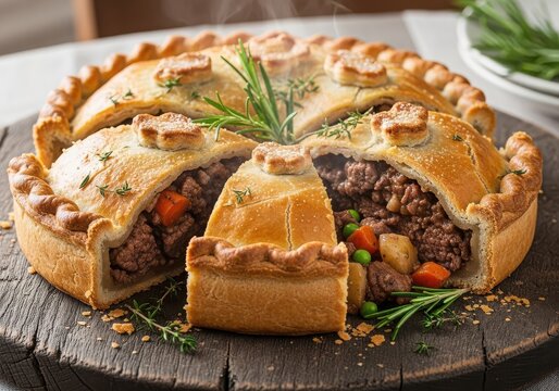 Savory meat pie with golden crust, revealing hearty filling and fresh herbs, rustic presentation - Powered by Adobe