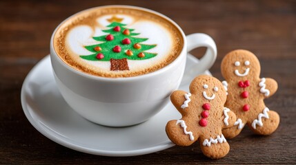 Festive Christmas Coffee Cup With Tree Art And Gingerbread Men Cookies On Wooden Table For Holiday Season And Celebrations