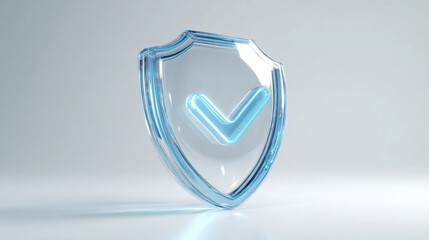 Glass shield icon with glowing blue checkmark representing cyber security and protection