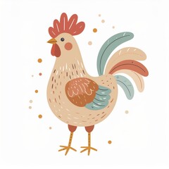 cartoon rooster, minimalist flat hand-drawn lines, muted pastel colors, kids illustration style, white background