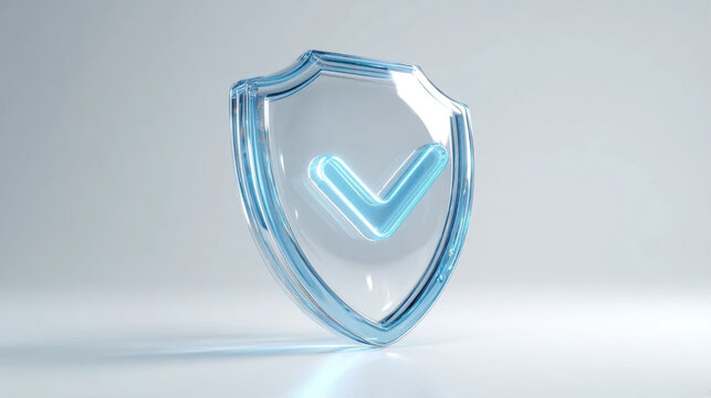 Glass shield icon with glowing blue checkmark representing cyber security and protection
