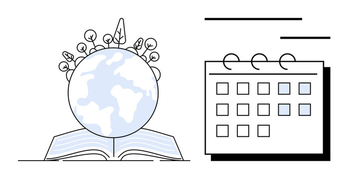 Planet Earth adorned with plants emerging from an open book, alongside a calendar for scheduling. Ideal for themes thumbs up global education, growth, sustainability, scheduling, planning, knowledge