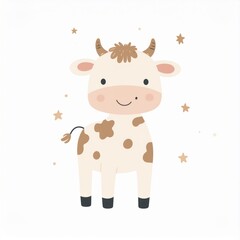 cartoon cow, minimalist flat hand-drawn lines, muted pastel colors, kids illustration style, white background