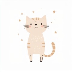 cartoon cat, minimalist flat hand-drawn lines, muted pastel colors, kids illustration style, white background