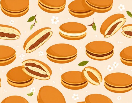 Cartoon-style illustration of dorayaki pastries with floral accents