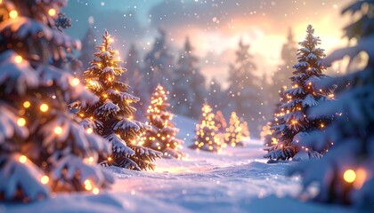 A cozy Christmas tree decoration scene under a snowy winter night sky in the forest