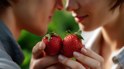 Cropped view of two people touching foreheads out of focus, holding strawberries side by side in sharp detail, dreamy romantic composition, with copy space