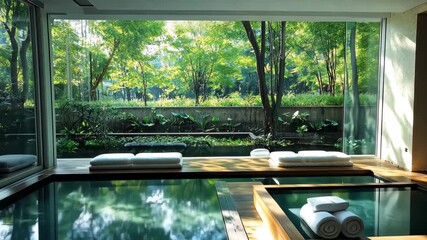 Relaxing indoor pool area with natural light and serene views of green trees in a tranquil setting