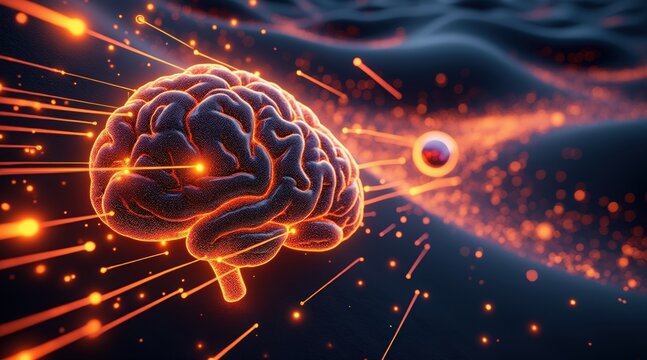 Digital brain with neural network connections and glowing data