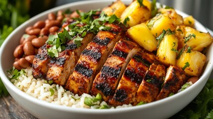 Caribbean jerk chicken rice beans pineapple slices tropical greenery island vibe no human