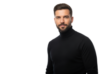 A man with a beard wearing a black turtleneck sweater, beard, black, man, polo neck, portrait, pose, shirt, stand, sweater, wear 