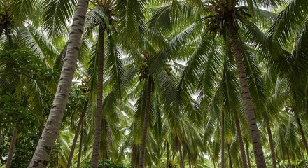 Lush tropical palm trees viewed from below, their fronds creating a verdant canopy